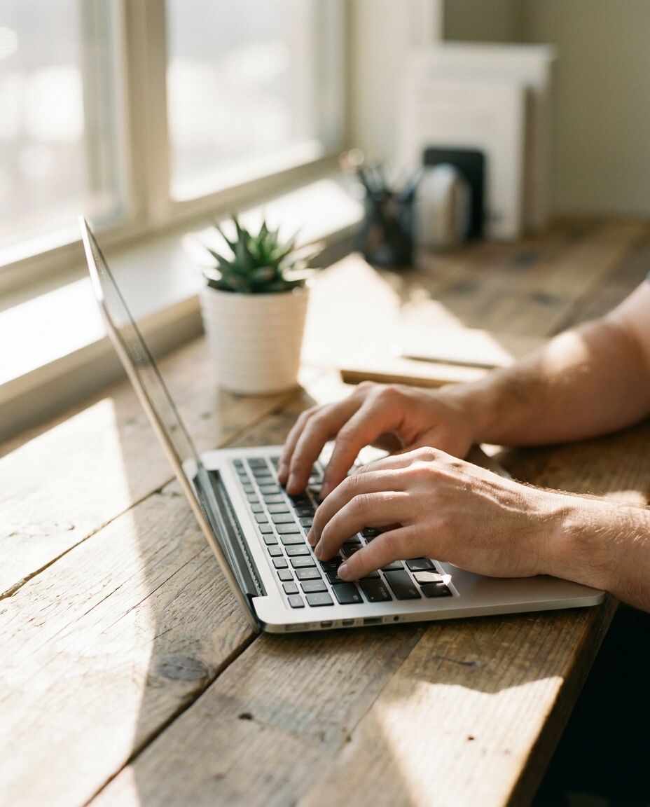 Mãos digitando em um notebook sobre uma mesa de madeira