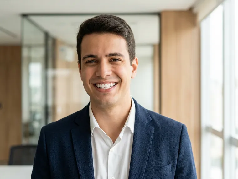 Profissional sorrindo em escritório, com os dentes à mostra