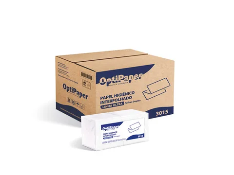 Caixa e pacote de papel higiênico interfolhado folha dupla OptiPaper Linha Ultra, código 3015
