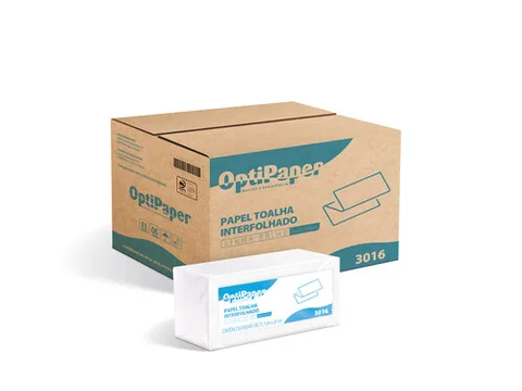 Caixa e pacote de papel toalha interfolhado OptiPaper Linha Prime, código 3016