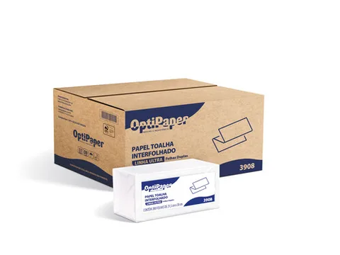 Caixa e pacote de papel toalha interfolhado folha dupla OptiPaper Linha Ultra, código 3908
